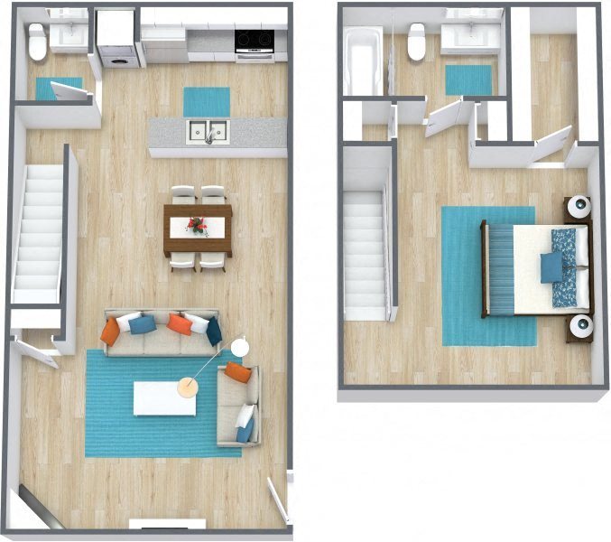 Three dimensional image of a one bedroom one and a half bathroom floor plan